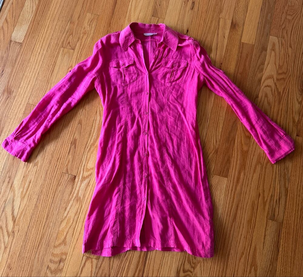 Vintage Calypso Christiane Celle Pink Linen Epaulette Shirt Dress Size XS